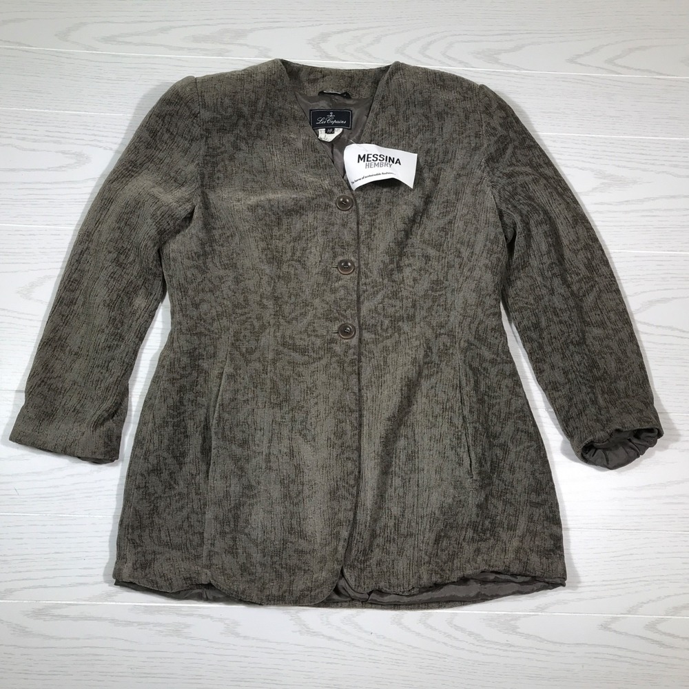 Vintage Les Copains Floral Tapestry Jacket Women 46 XL Gray Pockets Made Italy